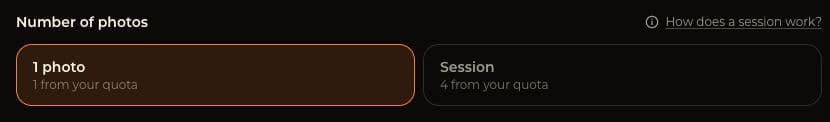 RestoPhoto photo count controls showing one quota unit for a single photo and four for a session