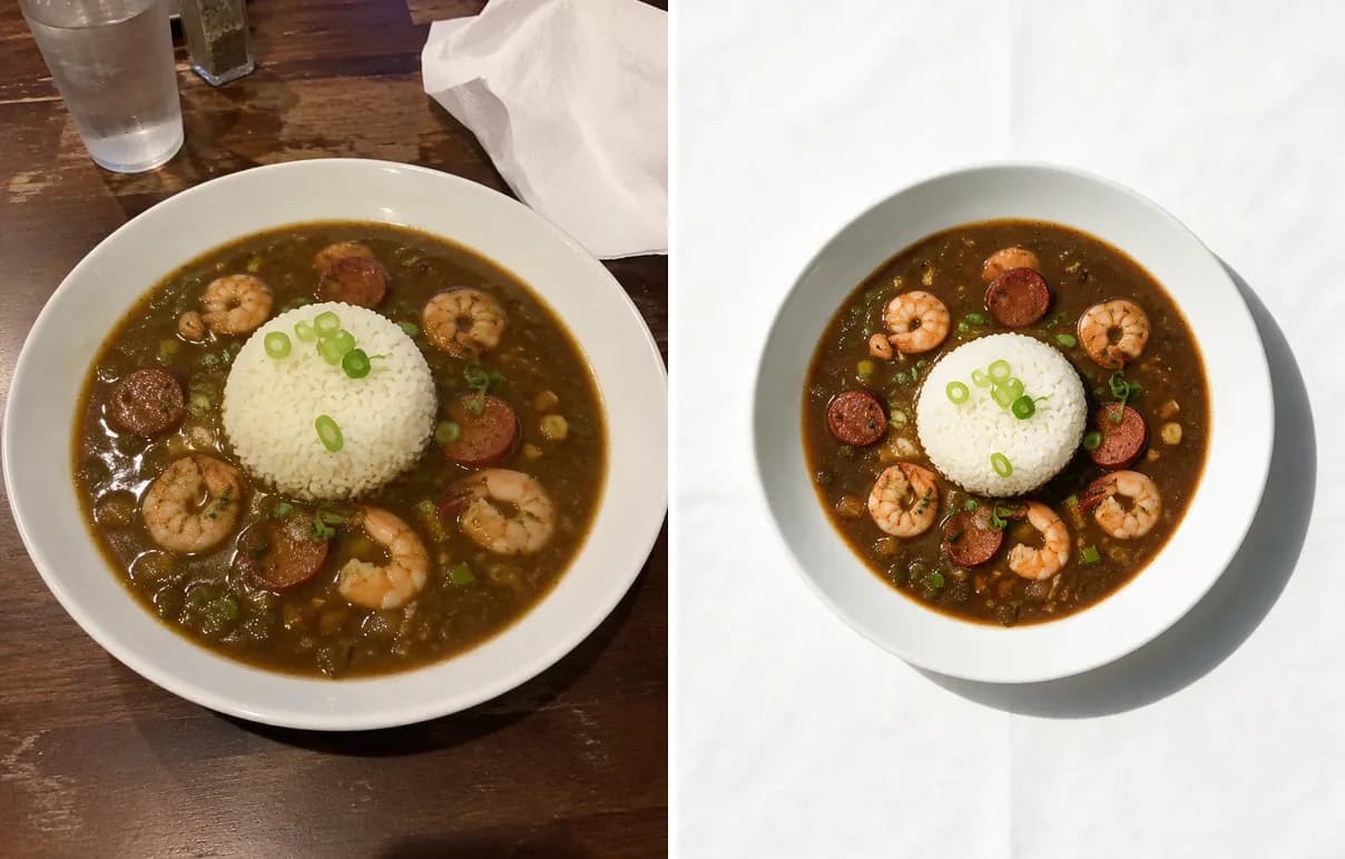 Before and after: a bowl of shrimp and sausage gumbo with rice, first on a wooden table, then on white paper in bright daylight