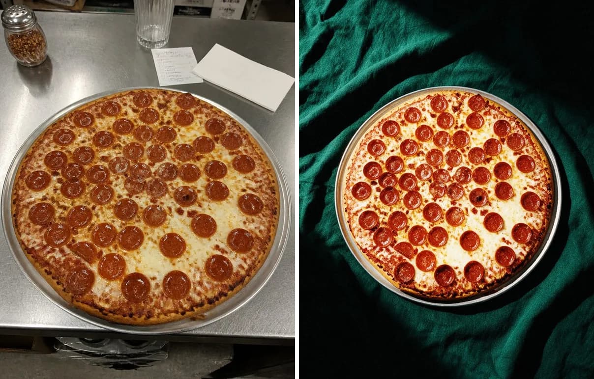Before and after: a whole pepperoni pizza shot from directly above, first on a steel counter, then on dark green cloth