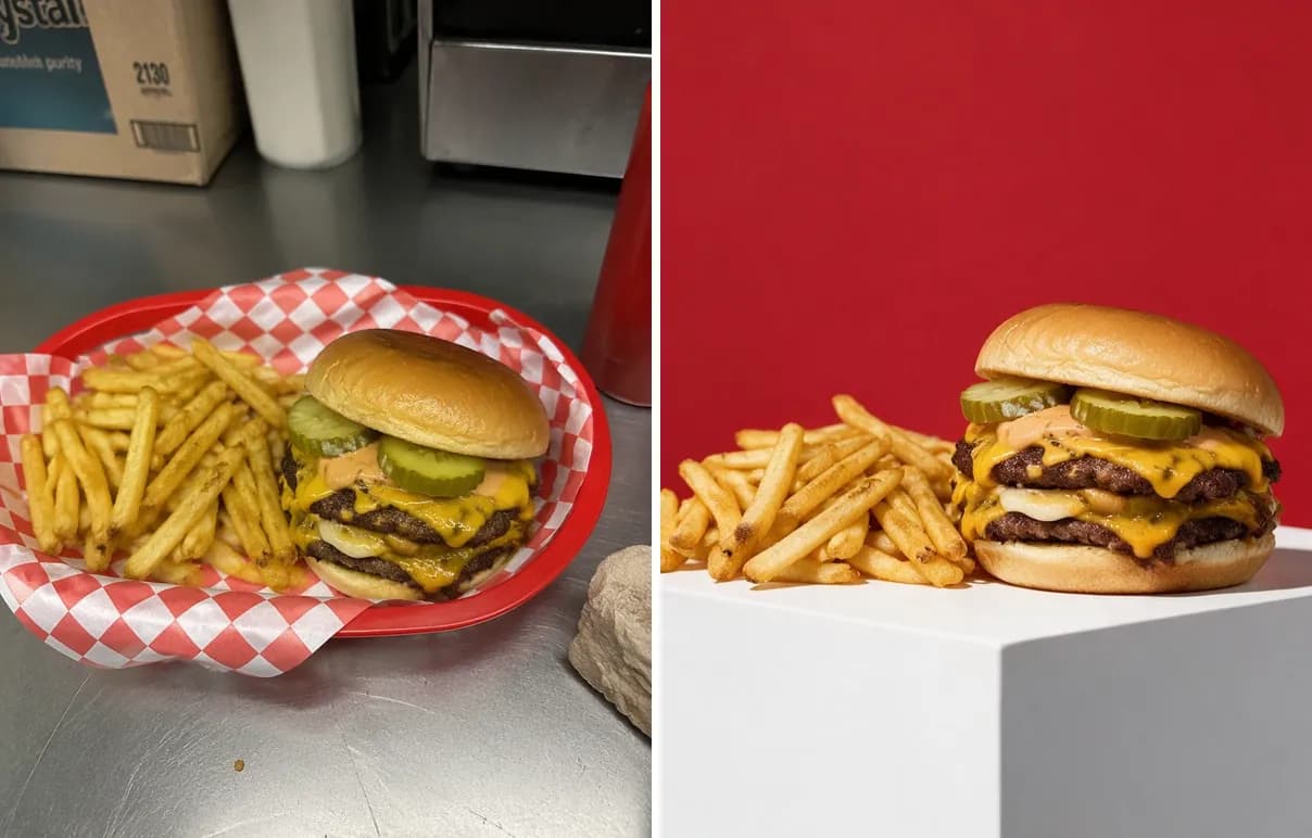Before and after: a double smash burger with fries, first in a red plastic basket on a steel counter, then on a white pedestal against a red backdrop