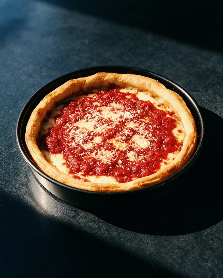 Deep-dish pizza in a black pan on a graphite surface with strong side light