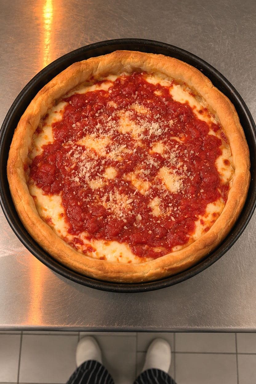 Source image of deep-dish pizza in a black pan on a stainless-steel kitchen counter
