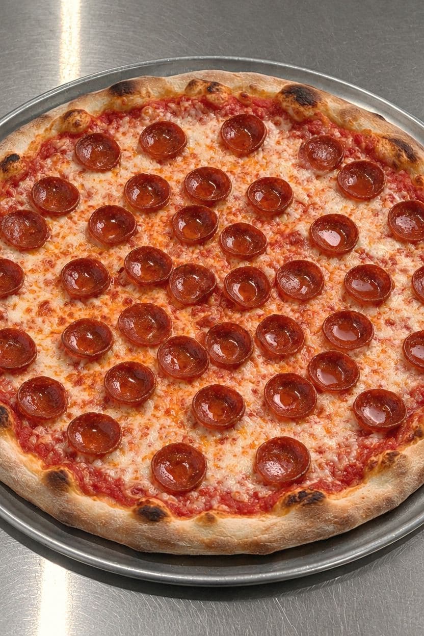 Source image of a whole pepperoni pizza on a metal tray in a kitchen