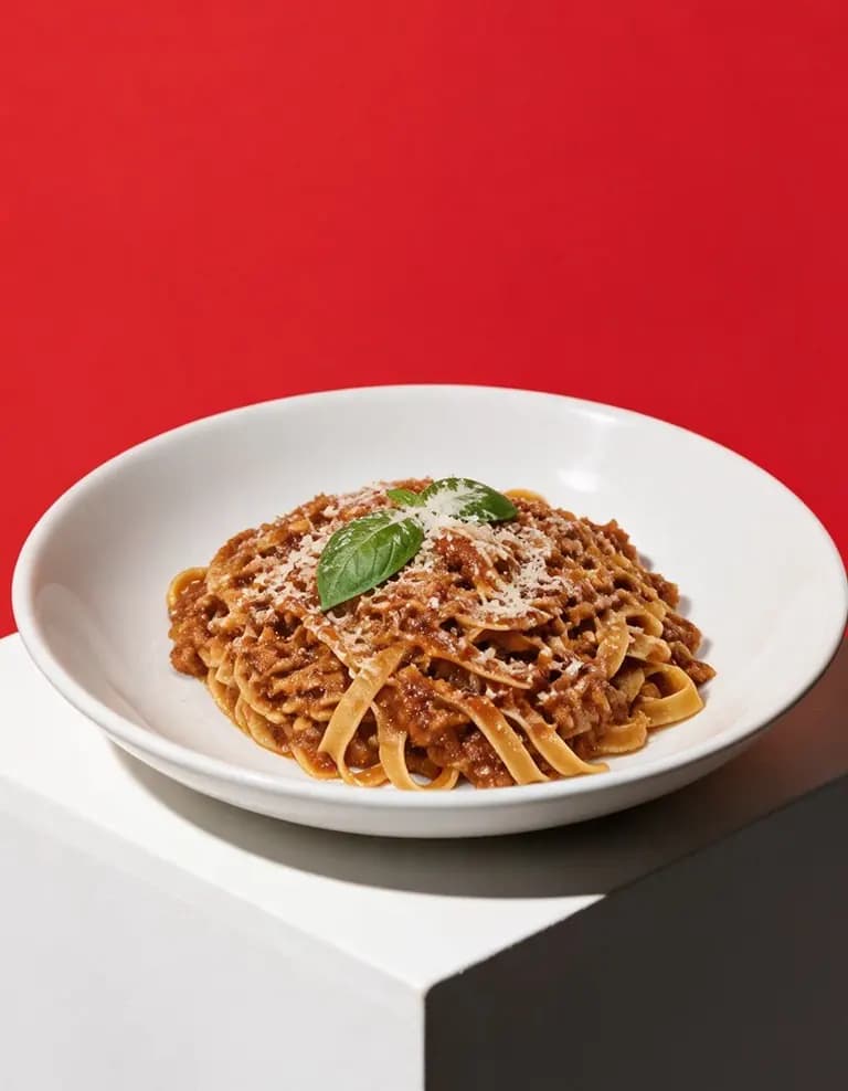 Tagliatelle with ragù on a white pedestal against a red background