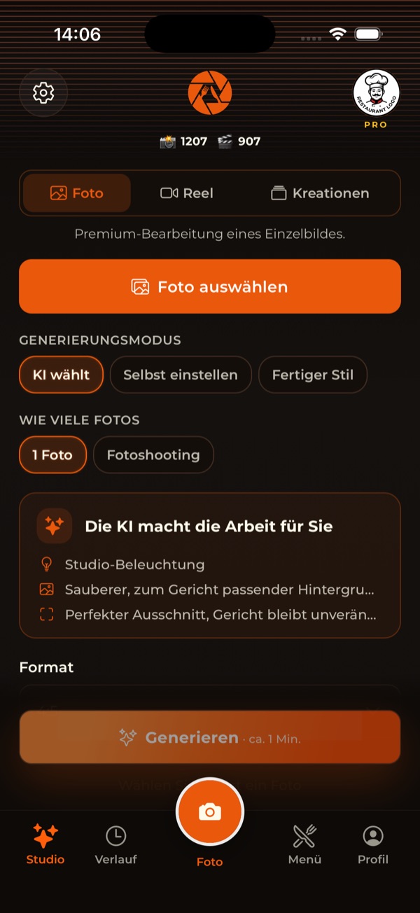 RestoPhoto Studio-Bildschirm mit Upload eines Gerichtfotos