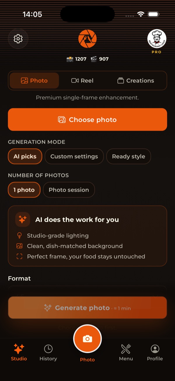 RestoPhoto Studio screen with dish photo upload