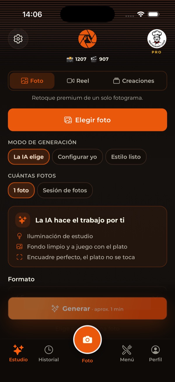 Pantalla Studio de RestoPhoto con la subida de una foto de plato