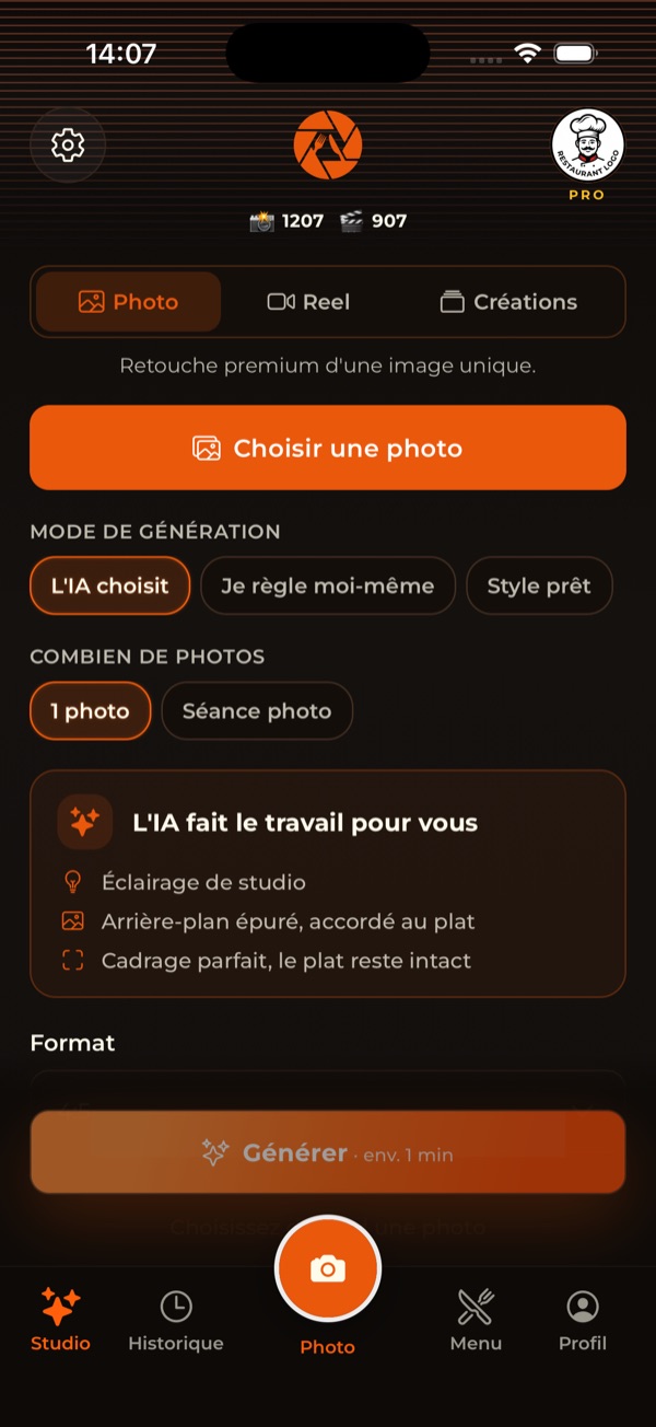Écran Studio de RestoPhoto avec l'import d'une photo de plat