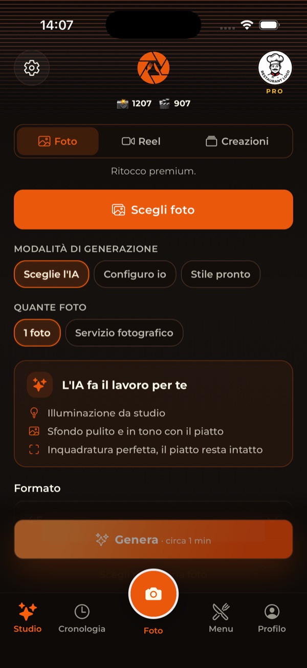 Schermata Studio di RestoPhoto con il caricamento di una foto di piatto