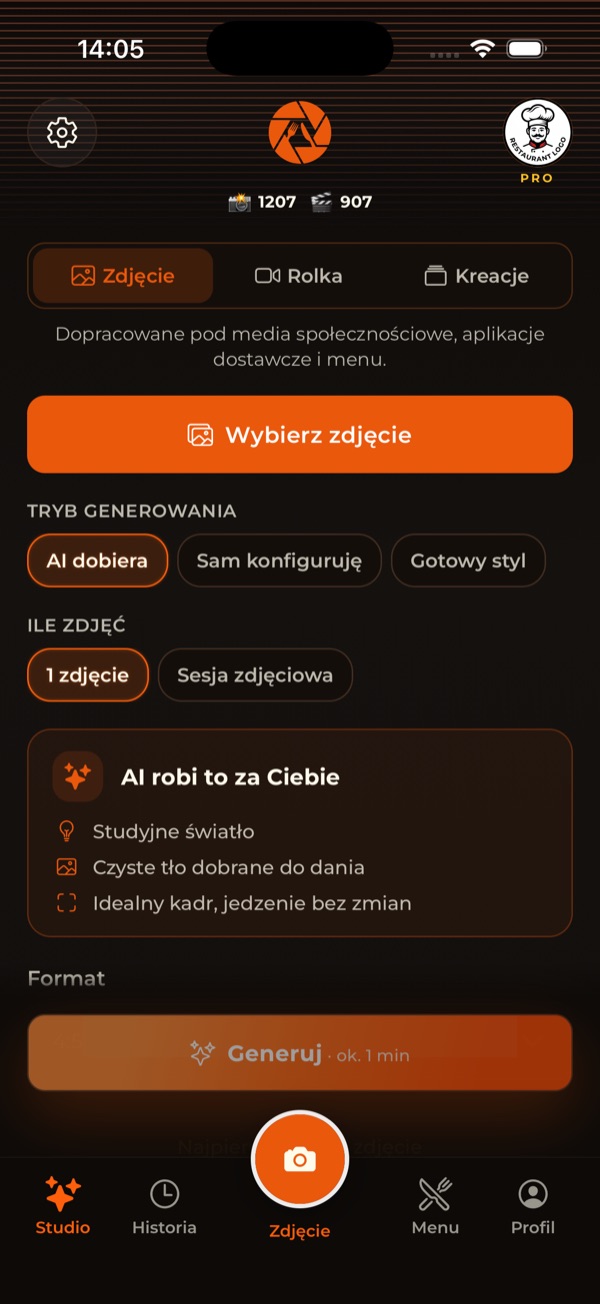 Ekran Studio aplikacji RestoPhoto z wgrywaniem zdjęcia dania